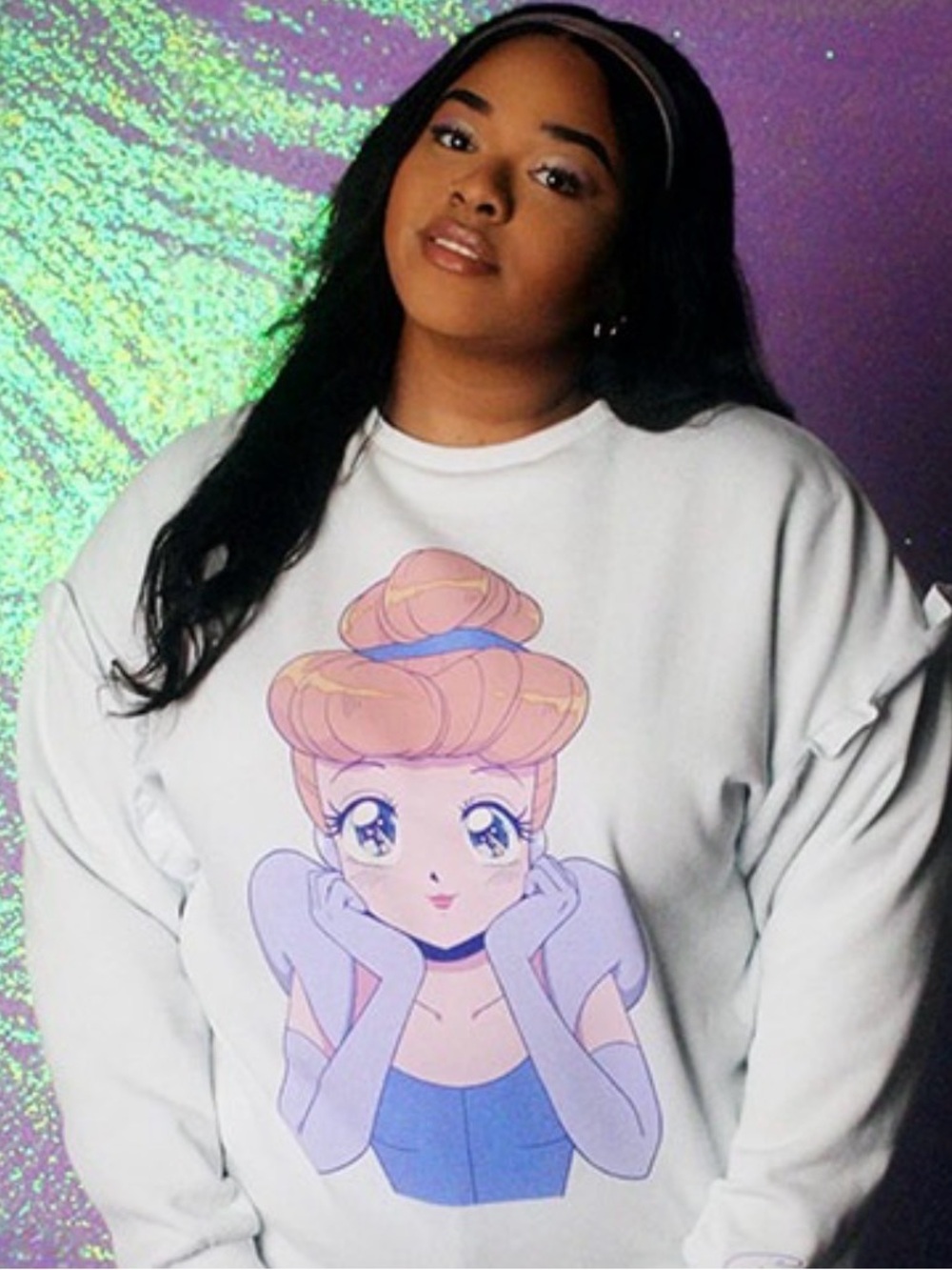 White Graphic Pullover Sweatshirt with Pastel Anime Print